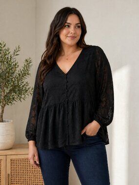 Torrid Black Sheer Floral Blouse Size 1 (1X) Button Front Peplum Top
